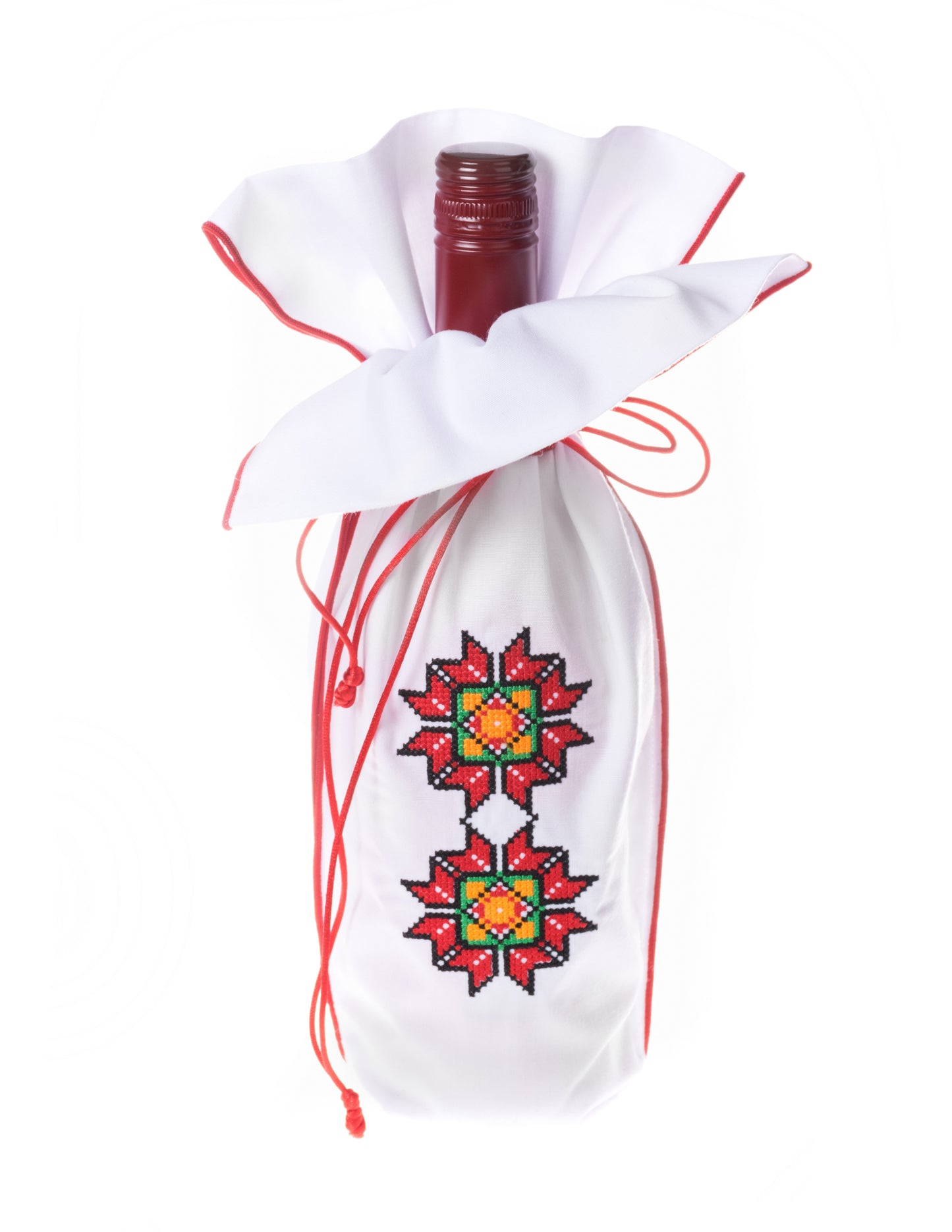 A uniquely embroidered flower design highlights the front of this Christmas wine gift bag. Place your favorite wine inside and present to a friend.