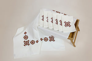 Embroidered red cross stitch set: table topper and 6 napkins